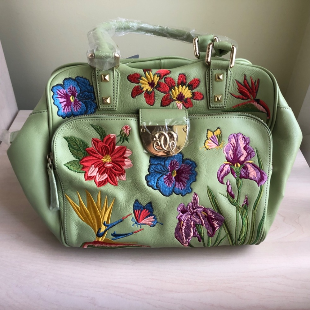 Sale! New Sharif Celadon Green Genuine Leather Embroidered Floral Bag - Picture 2 of 13